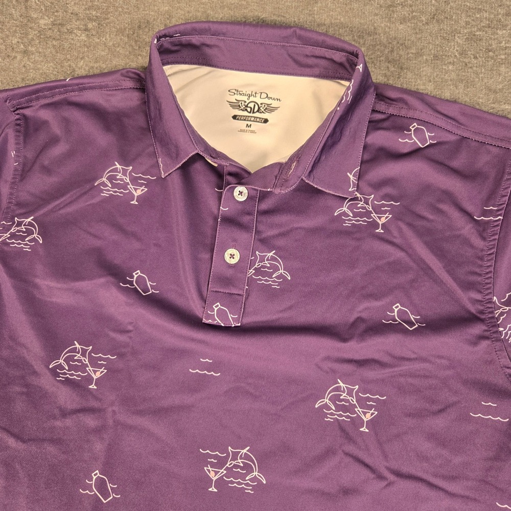 Straight Down Polo Shirt Mens Medium Purple Performance Martini Dolphin Golf Tee